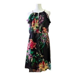Floral Summer Halter Dress Black and Bright Sleeveless Size Medium
